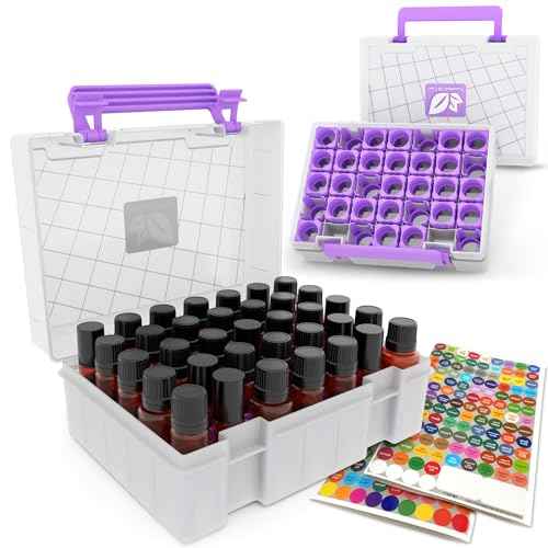 Essential Oil Organizer for 35 Bottles, Hard Shell Storage Case with Shelf Display Lid & Travel Handle, Fits 5ml/10ml/15ml, Roller Bottles, Compatible with Top Brands, Lavender