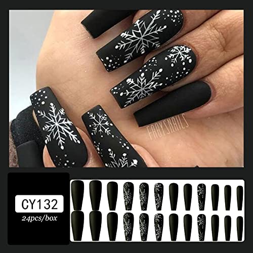 24 Pcs Snowflake Press on Nails Long Black White Christmas Fake Nails Glossy White Snow Glue on Nails Full Cover Coffin Shaped Long Christmas False Nails for Women Manicure Decorations