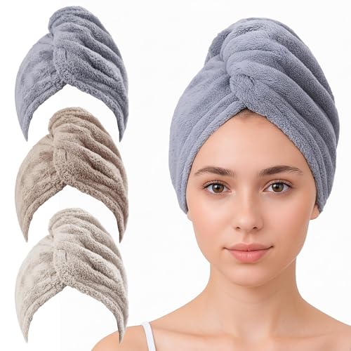 3 Pack Plush Yarn Hair Towel Wrap for Women, Super Absorbent & Quick Drying Turban, Anti Frizz Head Towel for Long, Thick, Curly Hair with Secure Button