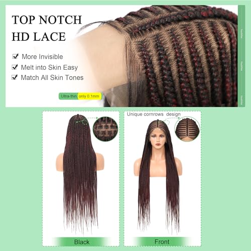 Youthfee 13x8 HD Lace Front Cornrow Braided Wigs for Women Braid Wig with Baby Hair Burgundy Middle Parted Box Braided Wig Premium Synthetic 36 Inch