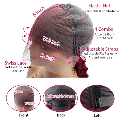 99J Burgundy Deep Wave 13x6 Lace Front Wigs Human Hair 200% Density Lace Frontal Wigs Human Hair Pre Plucked 99j Burgundy Deep Curly Wave HD Lace Front Wigs for Women (16Inch)