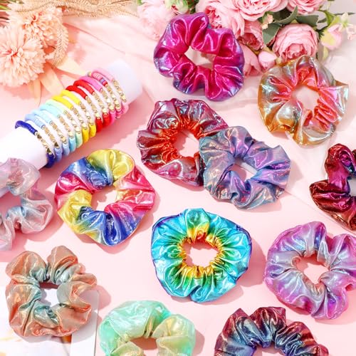 24 Pcs Preppy Friendship Bracelets for Teen Girls Clay Bead Bracelets and Shiny Metallic Hair Scrunchies Heart Surfer Friendship Bracelet Bulk Elastic Hair Ties for Girls Party Favor Gift