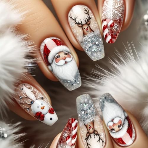 Long Coffin Christmas Press on Nail Long Xmas Fake Nails with Snowflake Santa Claus Deer Candy Cane designs Acrylic False Nails Glossy Red White Press ones for Women Girls Holiday Glue on Nails 24pcs