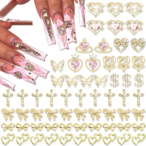 80PCS Gold Nail Charms 12 Shapes Gold Heart Nail Charm 3D Butterfly Nail Charms Alloy Gold Nail Crosses Shiny Money Sign Nail Charms Crystal Pink Planet Charms for Women Nail Art Decoration