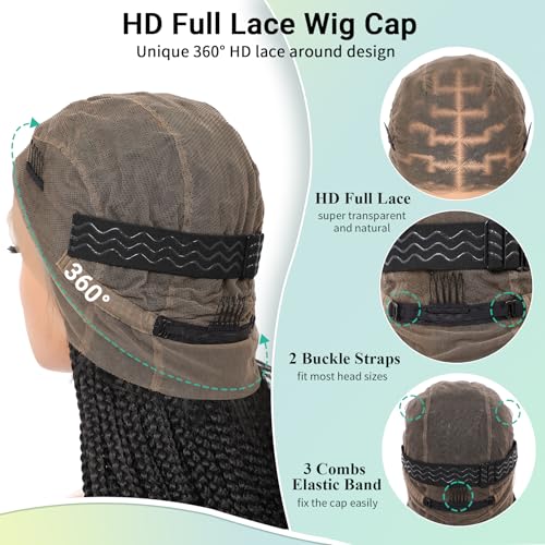 360¡Æ HD Full Lace Knotless Braided Wigs for Women Box Braid Wig with Baby Hair Premium Synthetic Natural Looking Black Braided Lace Front Wigs 36 Inch