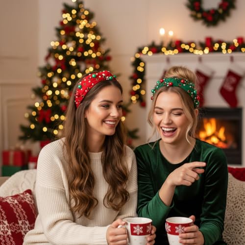 2Pcs Christmas Headbands for Women - Red Green Pearl Rhinestone Crystal Jeweled Christmas Headband - Womens Headbands Fashion Elegant Wide Top Knot for Women Holiday Clothes Accessories(Red Green)