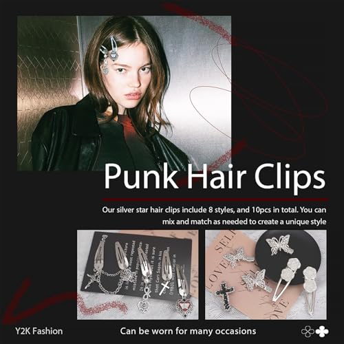 Punk Hair Clips Y2K Silver Barrettes 10PCS Butterfly Pendant Metal Snap Clips 7 Shapes Black Cross Alligator Clips Baroque Flower Hair Accessories for Women and Girls