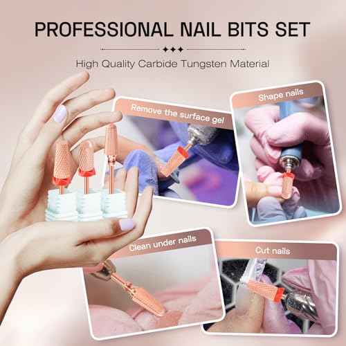 3pcs Nail Drill Bits Set, 3/32'' Carbide Tungsten Nail Bits, Professional 5 in 1 Bit, Smooth Round Top Large Barrel Safety and Tornado Bits,Fast Remove for Manicure Cuticle Acrylic Gel Polish