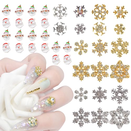 JCAKES 40pcs Christmas Decorations Snowflake Nail Charms with Rhinestones Metal Snowflake Jewels Charms Resin Snowman Santa Claus Nails Design 3D Charms for Nails DIY Craft Home&Salon