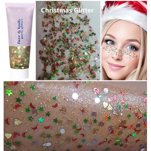 Go Ho Christmas Body Hair Face Glitter Gel,Christmas Glitters Face Paint,Holographic Colorful Sequins Chunky Reflective Face Glitter Makeup,Festival Rave Outfits for Women