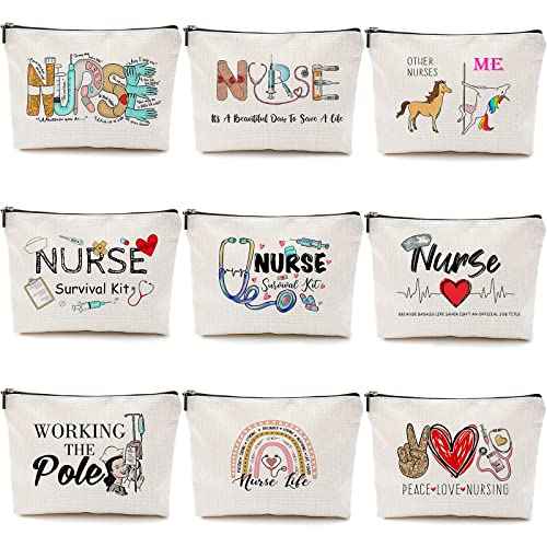 Pinkunn 9 Pcs Nurse Makeup Bags Nursing Gifts for Women Cosmetic Bag with Zipper Nursing Travel Toiletry Bag Accessories Survival Kit for Birthday Gift Funny for Nurses Student Thank You Christmas