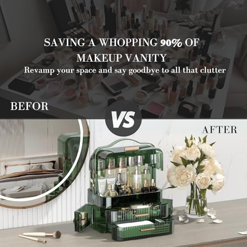 LINFIDITE Cosmetics Storage Box Transparent Lid Large Makeup Organizer Box Drawers Portable Handle Waterproof Dustproof Skincare Display Cases for Countertop, Bathroom, Dresser,Gift Clear Green