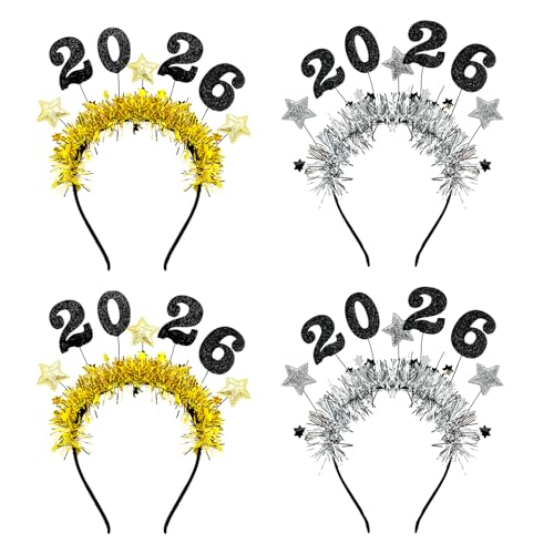 4 Pcs Happy New Year Headbands for Women 2026 New Year Eve Hairbands Party Supplies Holiday Headwear Decoration Gifts (Gold+Silver)