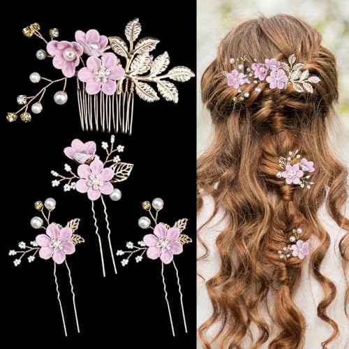 BOYIVI Hair Comb, 4 Pieces Vintage Wedding Flower Pearl Rhinestone Hair Pins Bridal Hair Accessories, Purple, for Brides Bridesmaids Women and Girls
