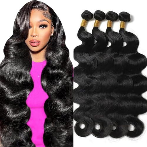 12A Human Hair Bundles 20 22 24 26 Inch Body Wave Human Hair 100% Unprocessed Brazilian Virgin Weave 4 Bundles Real Natural Black Wavy Human Hair Extensions for Women