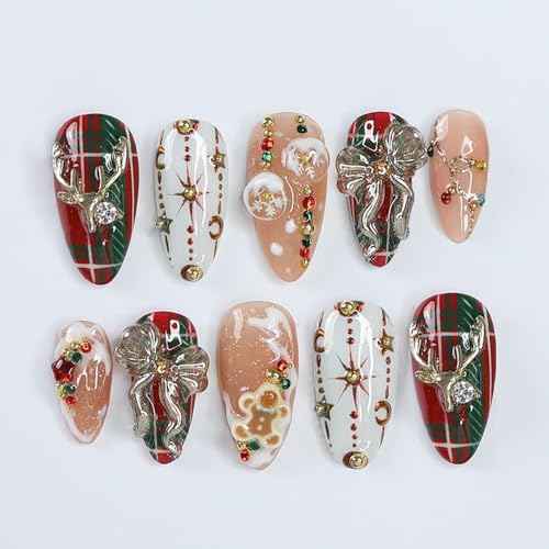 24Pcs Christmas Fake Nails Luxury Handmade Press on Nails with 3D Bow Elk Rhinestone Charm Designs Cute Gingerbread Almond False Nails Nail Tips Full Cover Red Plaid Deer DIY Xmas Nails for Women