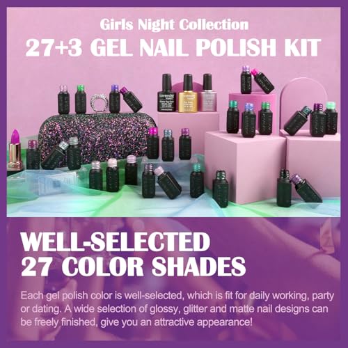 Lavender Violets 30 Pcs Gel Nail Polish Set, 27 Colors Purple Blue Brown Red with Glitter Glossy Matte Gel Base and Top Coat Set for Nail Art C975