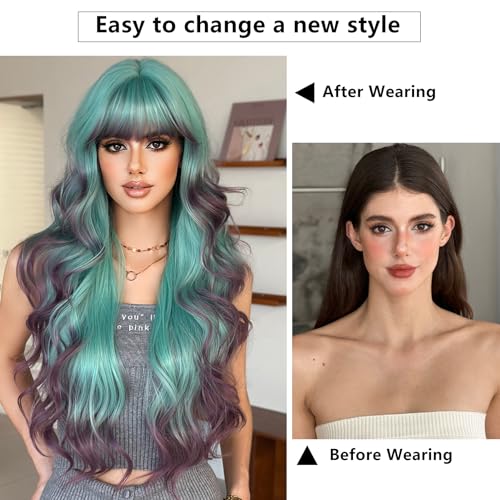 7JHH WIGS 31in Turquoise Long Wavy Bangs Purple Highlight Wigs Mixed Light Green Ombre Lavender Purple Heat Resistant Synthetic Fiber Women Wavy Curly Wigs for Christmas Daily Party Daily Used