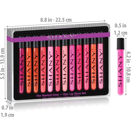 SHANY Lip Gloss Makeup Set, 12 Piece Professional Lip Color Collection with Shimmer and Pearl Finishes, Enriched with Aloe Vera and Vitamin E, Long Lasting Glossy and Moisturizing Lip Luminizer - Gift