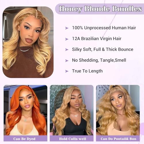 27# Honey Blonde Body Wave Bundles 100% Real Human Hair Bundles 12 14 16 Inch For Quick Weave Double Weft Can Be Dyed and Restyled