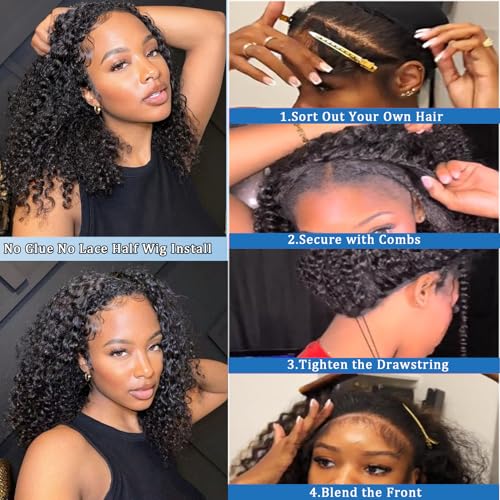 Kinky Curly Half Wig Human Hair 16 inch 200% Density 3 In 1 Glueless Wear Go Half Wigs for Women Drawstring Seamless Flip Headband Wig Beginner Friendly