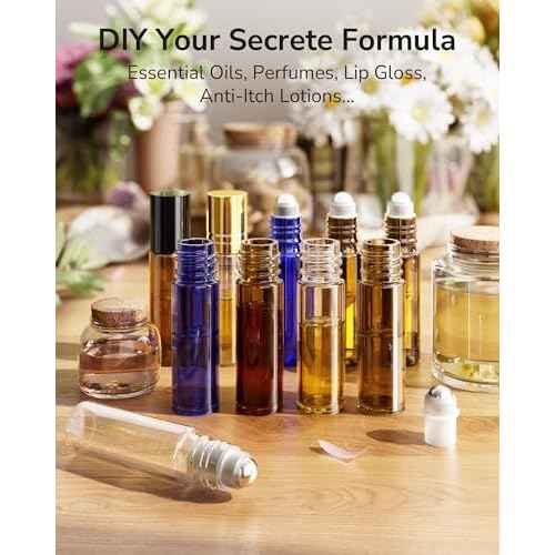ULG 48-Pack Essential Oil Roller Bottles 10ml, Empty Bottles with Stainless Steel Roller Balls and Waterproof Labels, Amber Roller Balls For Essential Oils