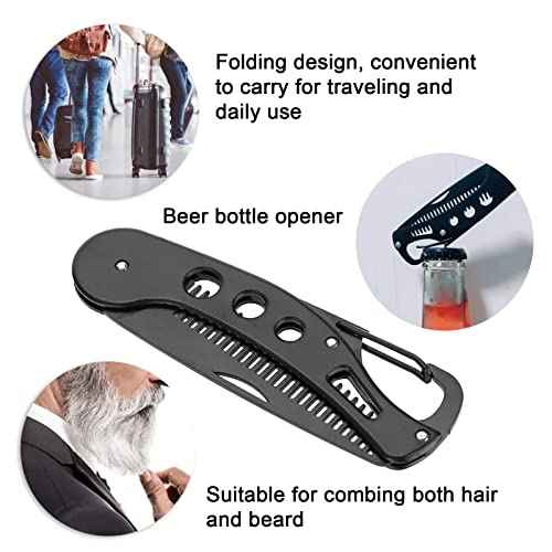 Mustache Folding Comb for Men Stainless Steel Metal Pocket Beard Comb Moustache Brush Straightener Women Small Travel for Grooming Styling Hair Beard (Black)