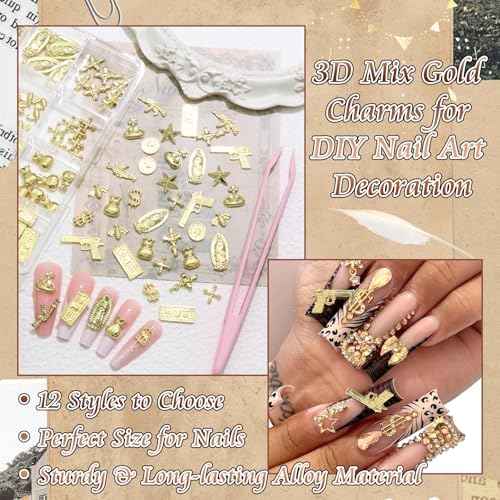 BELICEY 120Pcs 3D Gold Nail Charms, 12Styles Alloy Dollar Gun Coin Nail Art Charms, Golden Punk Star Cross Virgin Mary Charms for Nails, Mix Nail Jewelry Rhinestones for Nails Design Manicure Crafts