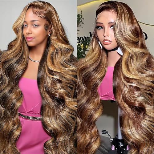 AMIRTY Highlight Ombre Lace Front Wig Human Hair Honey Blonde Body Wave 13x6x1 HD Lace Front Wigs Human Hair Pre Plucked 250 Density Brown 4/27 Colored Lace Frontal Glueless Wigs for Women 20 Inch