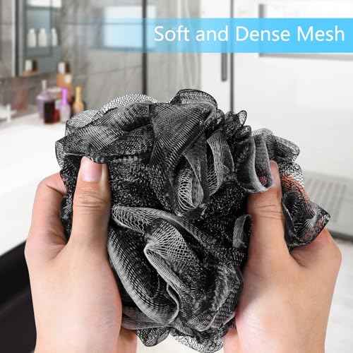Yoget Bath Loofah Sponge, 4 Pack Black 60G Shower Mesh Ball Soft Pouf Body Scrubber, Exfoliate, Cleanse, Soothe Skin, Black Loofah with White Trim