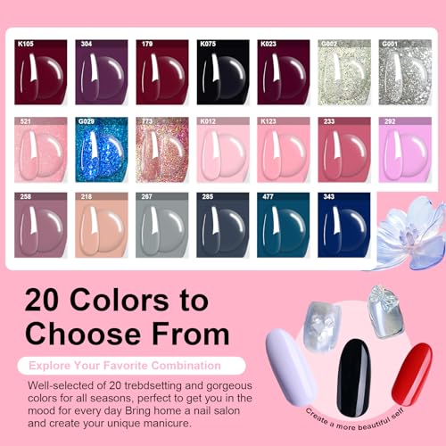 31 Pcs Dip Powder Nail Kit, 20 Colors Glitter Nude Pink Blue Gray Dip Powder Liquid Set with Top/Base Coat Activator for French Nails Art Manicure DIY Salon, No Needed Nail Lamp Curing