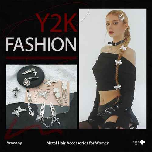 Punk Hair Clips Y2K Silver Barrettes 10PCS Butterfly Pendant Metal Snap Clips 7 Shapes Black Cross Alligator Clips Baroque Flower Hair Accessories for Women and Girls