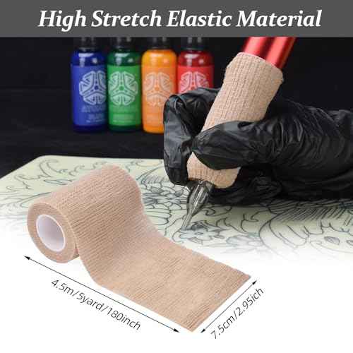 Tattoo Grip Cover Wrap, ATOMUS 8pcs 2.95 Inch x 5 Yards Disposable Tattoo Tube Tape Wrap Elastic Self-adhesive Bandage Rolls Tape for Tattoo Machine Grip Tube Accessories (Beige)