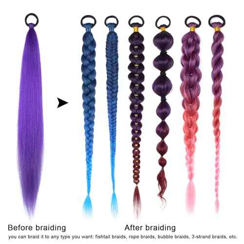 2 Pack Purple Ponytail Extension with Elastic Tie Straight Sleek Wrap Around Braid Ponytail 26 Inch (Purple#)