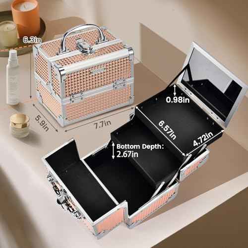 FRENESSA Makeup Case Train Case Portable Makeup Box with Mirror Lock Box Travel Cosmetic Train Cases Hard Makeup Organizer for Nail Craft Storage Vanity Rose Gold
