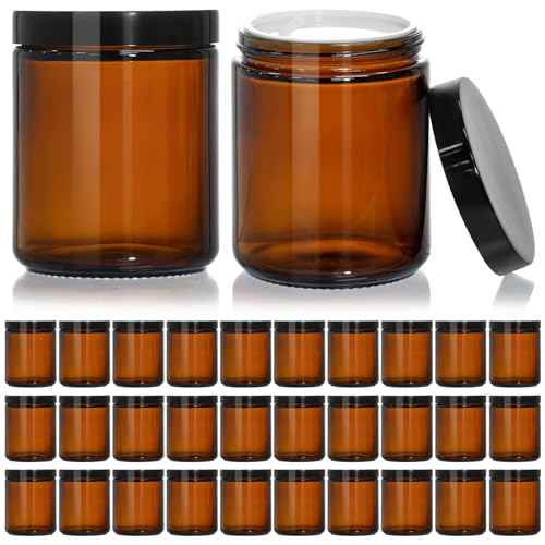 KEYWING 30Pack Amber Glass Jars with Black Lids, 8 oz Empty Cosmetic Jars with Inner Liners, Round Lotion Containers for Cream, Powders and Ointments