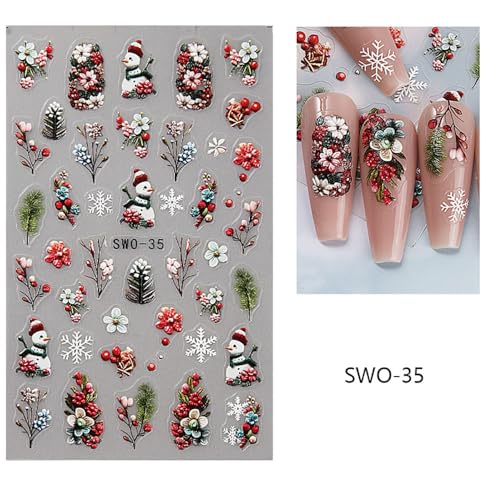 Christmas Nail Art Stickers Christmas Snowman Nail Sticker 3D Self-Adhesive Snowflake Nail Decal Flower Fruit Nail Art Supplies Holiday DIY Manicure Designs Nail Decoration for Women 3Pcs