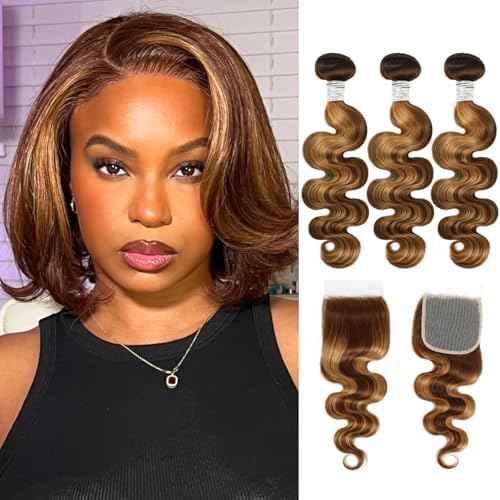 AUROO Honey Blonde Highlight Body Wave Bundles with Closure Human Hair, 12A 100% Thick Track Virgin Brazilian Wavy Weave P4/27 Ombre Brown Colored Bundles with 4x4 Closure Pre Plucked Remy 10 12 14+10