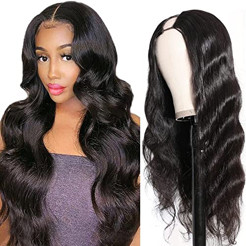 U Part Human Hair Wig Body Wave Drawstring Wig 180% Density U Part Wig Brazilian Virgin Human Hair wigs for Women Full Head Clip in Half Wigs Glueless No Leave Out Lace Front Wig Natural Color 16inch