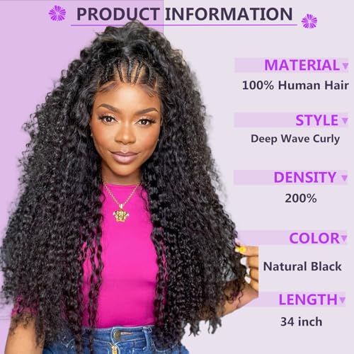 200% Density 34 Inch Deep Wave Lace Front Wigs Human Hair 13X6 HD Lace Frontal Curly Human Hair Wig Fluffy Natural Pre Plucked Wet And Wavy Wigs for Black Women Girl