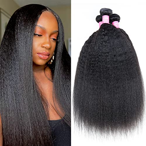 Kinky Straight Bundles 16 18 20 Brazilian Kinky Straight Human Hair Bundles Unprocessed Virgin Hair 3 Bundles 100g/Bundles Double Weft Yaki Straight Human Hair Weave Extensions Natural Color
