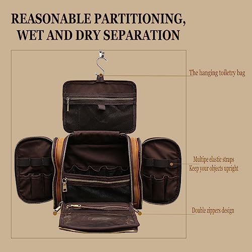 Hanging Toiletry Bag,Personalized Genuine Leather Shaving & Dopp Kit Bag for Men & Women,Travel Organizer for Toiletries,Best Man Gift,Wedding Gifts (Brown)