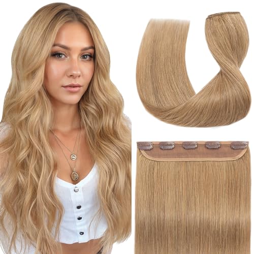S-noilite One Piece Hair Extensions Clip in Human Hair 5 Clips 3/4 Full Head Clip on Remy Hair Extension for Women,One-Piece Design Adding Hair Volume 24 Inch 60g #Dark Blonde