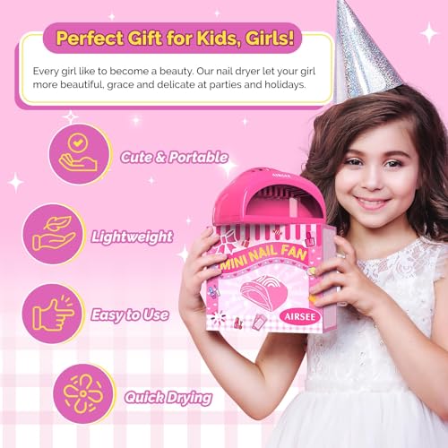 AIRSEE Kids Nail Dryer, Portable Nail Dryer, Mini Nail Fan for Regular Nail Polish - Birthday, Christmas, Party Gift for Grils, Battery Operated, DIY nail art, No Harmful, Two stickers included (Pink)