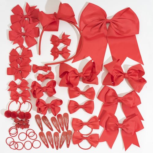 50PCS Red Hair Accessories Set - Grosgrain Ribbon Red Bows,Hair Clips,Hair Ties,Headbands, Uniform Hair Bows Accessories for Little Toddler Kids School Girls