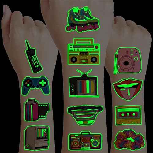 96 PCS Back to the 90s 80s Pre-Cut Luminous Temporary Tattoos for Kids Theme Birthday Party Decorations Supplies Favors Decor Super Cute Retro Stickers Tattoo Gifs for Boys Girls Rewards Carnival