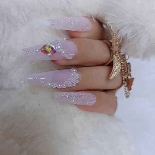 24Pcs Pearl Pink Press on Nails Long Fake Nails Acrylic Ballet coffin Design Nails for Women and Girls False Nails