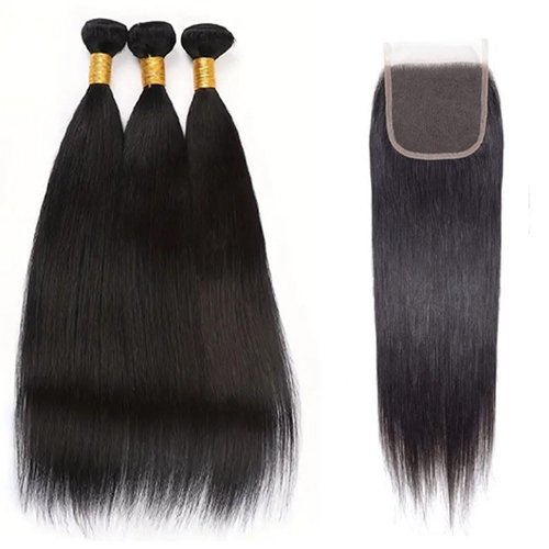 Straight Bundles with Closure Human Hair 14 16 18+12 Inch 100% Brazilian Unprocessed Virgin Body Wave 3 Bundles Human Hair with 4x4 Free Part Lace Closure Natural Black