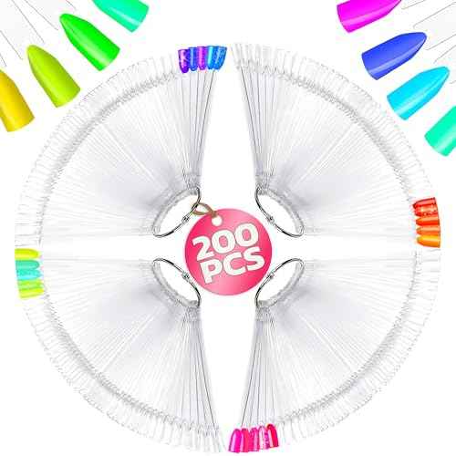 200 Pcs Clear Nail Swatch Sticks - Nail Swatches for Gel Polish - Transparent Acrylic Practice Tips with Metal Rings, Suitable for Displaying Colors, Training Templates for Beginners and Professionals