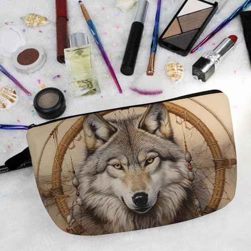 Wolf Dreamcatcher Makeup Bag Wild Wolf Small Cute Organizer Bag Zipper Pouch Wolf Print Cosmetic Bag Present for Wolf Lovers Women Friends